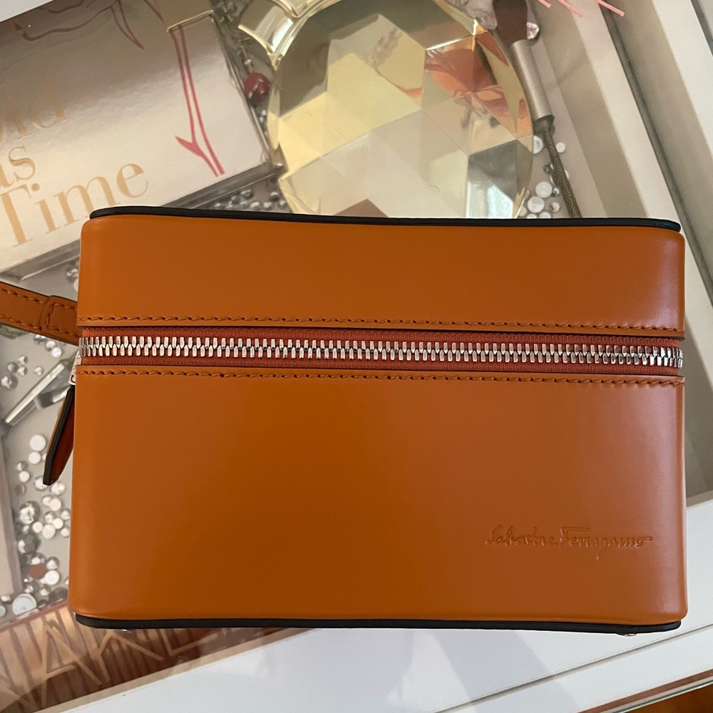Salvatore Ferragamo box wristlet camel